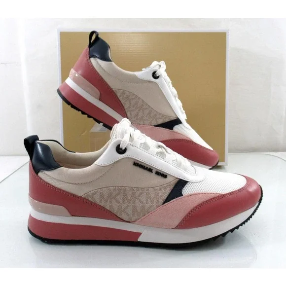 Michael Kors Allie Stride Trainer Lace Up Sneakers MK Logo Cream Multi